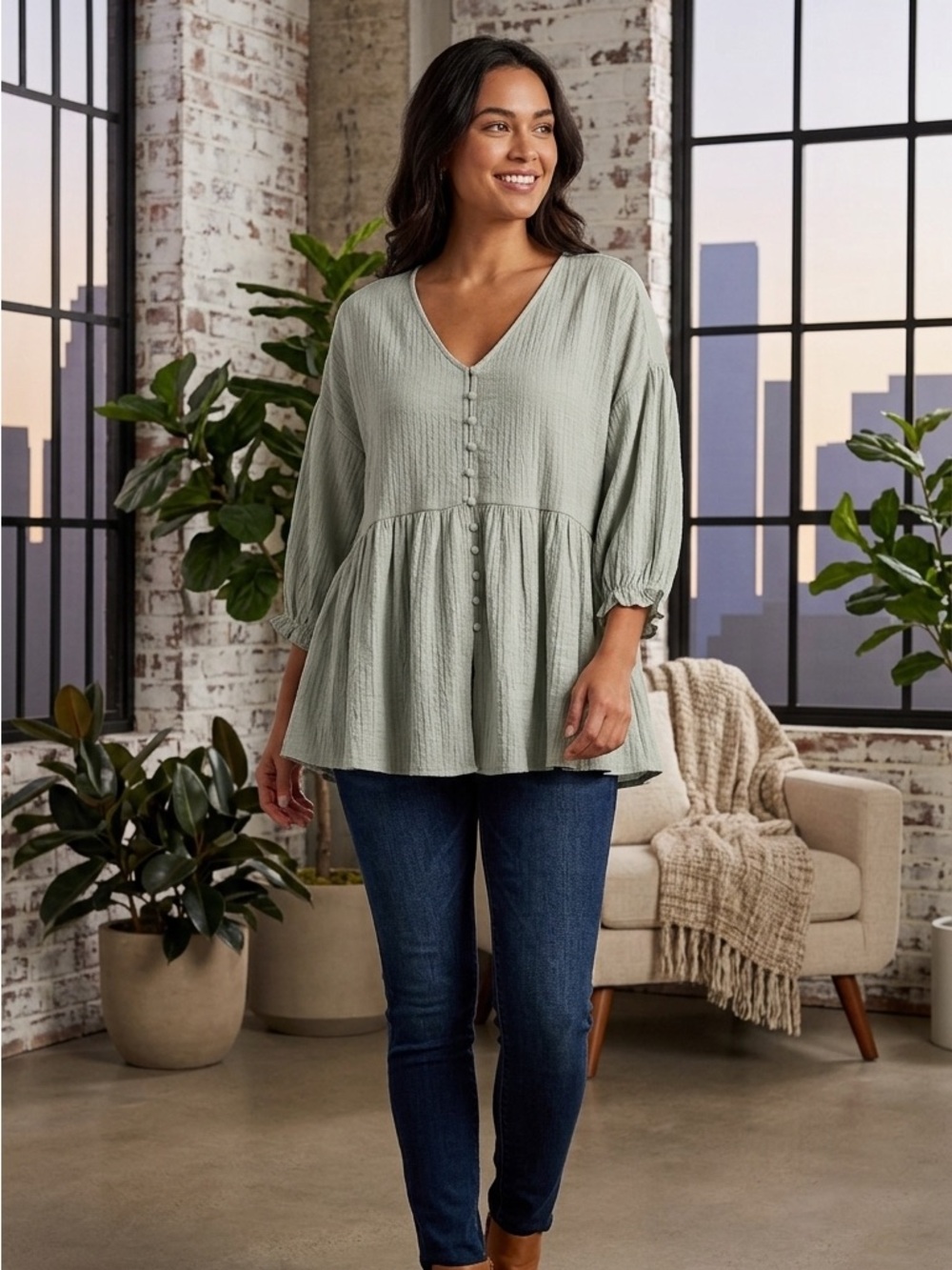 Papillon Blanc Sage Green Smocked V-Neck Peplum Tunic